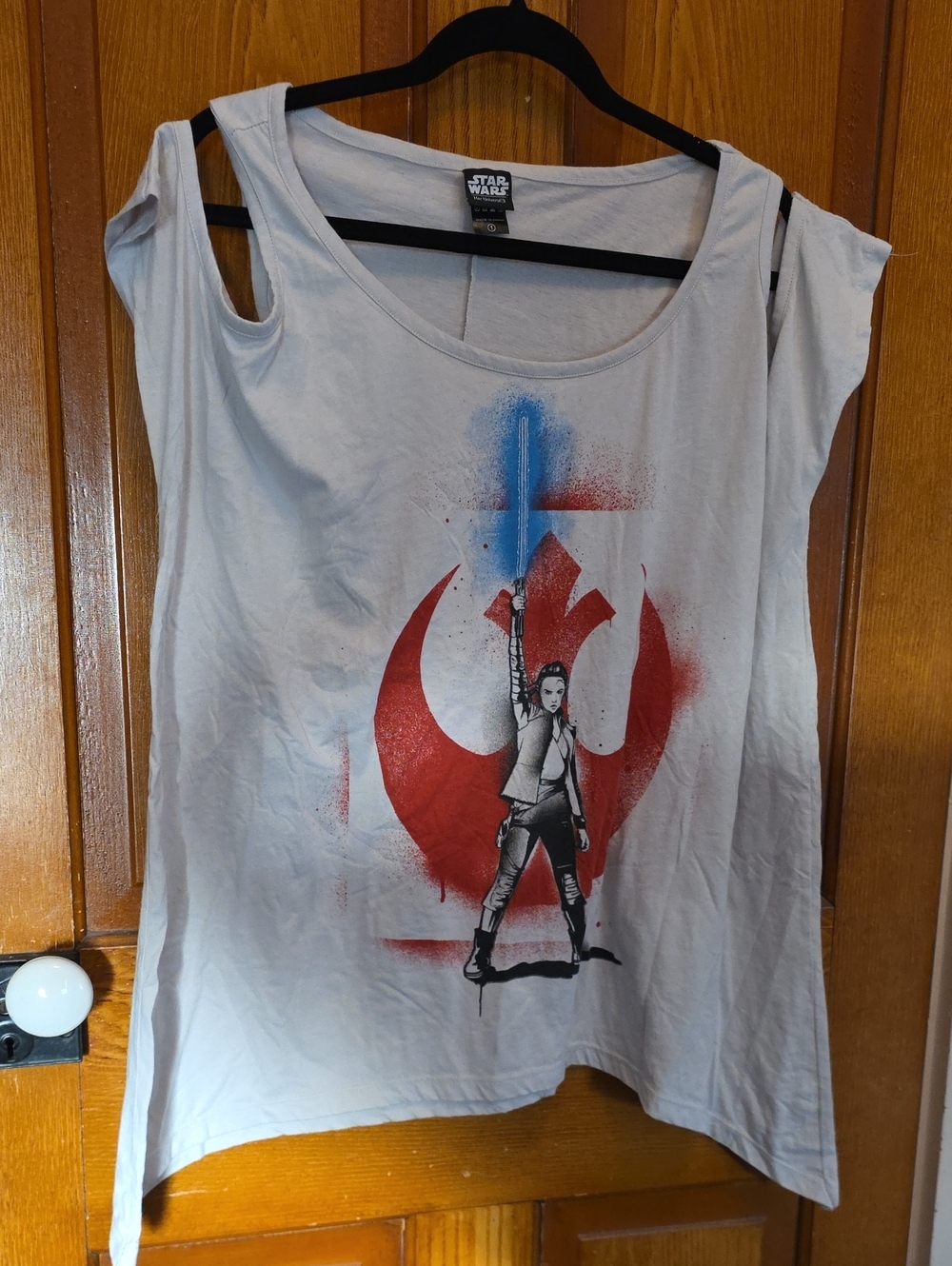 Star Wars White Tank Top with Red Rebel Emblem and Blue Lightsaber Graphic
